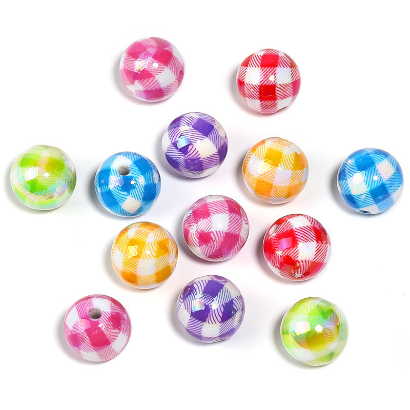 Wholesale Colorful Houndstooth Pattern Printed Beads Striped Plaid Acrylic Round Beads